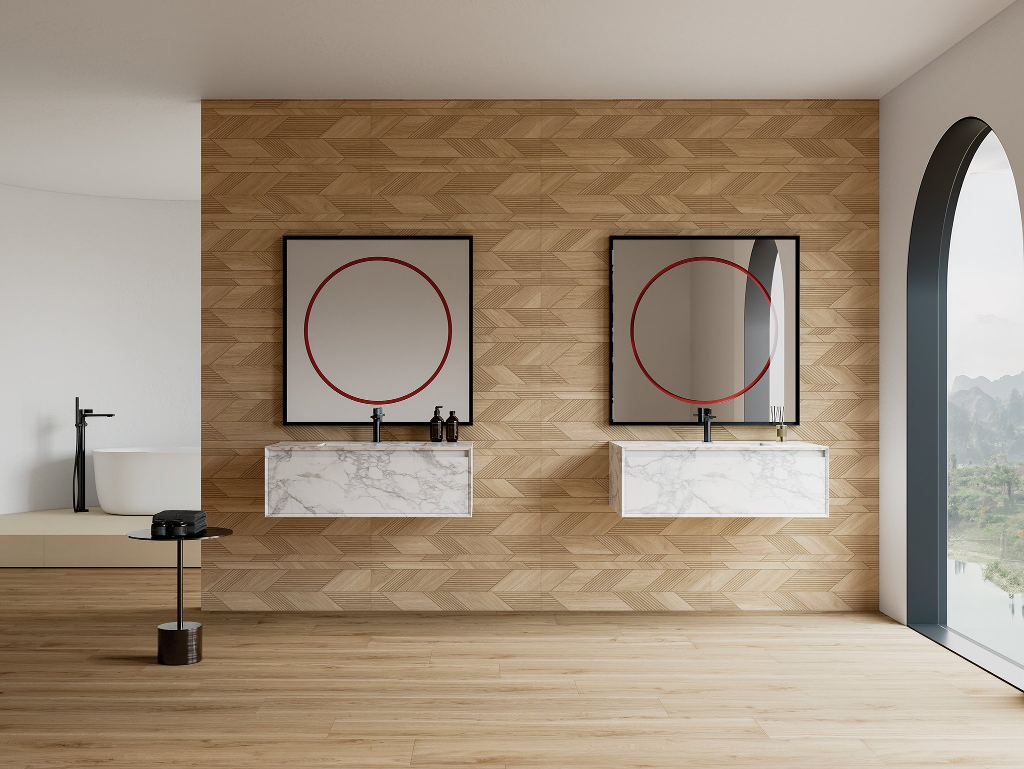 Venatto Graphic 30x90 Oak + Venatto 24,8x150 Oak + Essence 90x90 Marfil